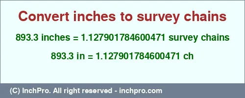 893.3 inches to ch is equal to 1.127901784600471 (ch) Result converting 893.3 inches to ch = 1.127901784600471 survey chains