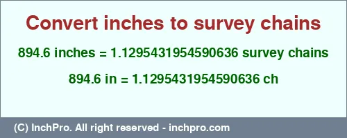 894.6 inches to ch is equal to 1.1295431954590636 (ch) Result converting 894.6 inches to ch = 1.1295431954590636 survey chains