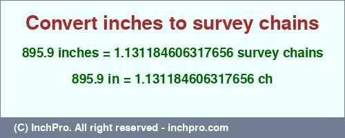 895.9 inches to ch is equal to 1.131184606317656 (ch) Result converting 895.9 inches to ch = 1.131184606317656 survey chains