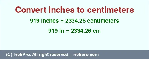 919 inches to cm is equal to 2334.26 (cm) Result converting 919 inches to cm = 2334.26 centimeters