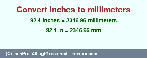 92.4 inches to mm is equal to 2346.96 (mm) Result converting 92.4 inches to mm = 2346.96 millimeters