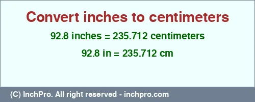 92.8 inches to cm is equal to 235.712 (cm) Result converting 92.8 inches to cm = 235.712 centimeters