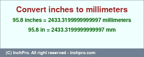 95.8 inches to mm is equal to 2433.3199999999997 (mm) Result converting 95.8 inches to mm = 2433.3199999999997 millimeters