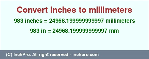 983 inches to mm is equal to 24968.199999999997 (mm) Result converting 983 inches to mm = 24968.199999999997 millimeters