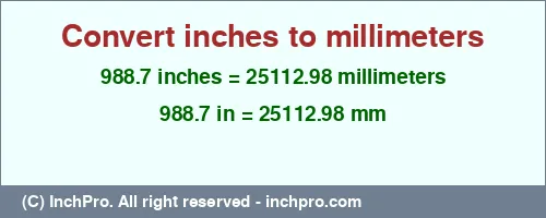 988.7 inches to mm is equal to 25112.98 (mm) Result converting 988.7 inches to mm = 25112.98 millimeters