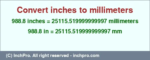 988.8 inches to mm is equal to 25115.519999999997 (mm) Result converting 988.8 inches to mm = 25115.519999999997 millimeters