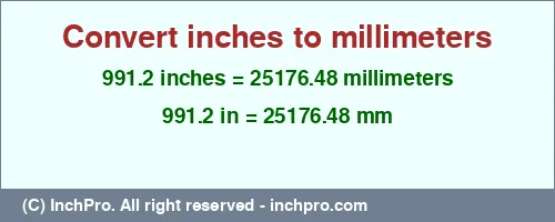 991.2 inches to mm is equal to 25176.48 (mm) Result converting 991.2 inches to mm = 25176.48 millimeters
