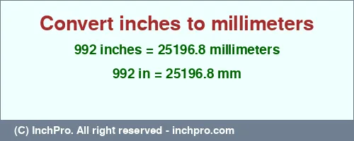 992 inches to mm is equal to 25196.8 (mm) Result converting 992 inches to mm = 25196.8 millimeters