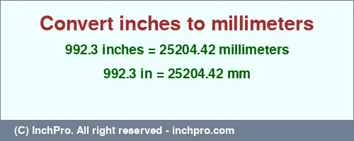 992.3 inches to mm is equal to 25204.42 (mm) Result converting 992.3 inches to mm = 25204.42 millimeters
