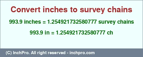 993.9 inches to ch is equal to 1.254921732580777 (ch) Result converting 993.9 inches to ch = 1.254921732580777 survey chains