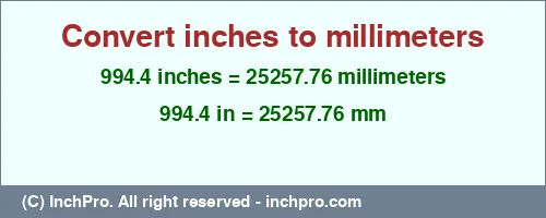994.4 inches to mm is equal to 25257.76 (mm) Result converting 994.4 inches to mm = 25257.76 millimeters