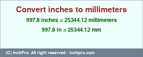 997.8 inches to mm is equal to 25344.12 (mm) Result converting 997.8 inches to mm = 25344.12 millimeters