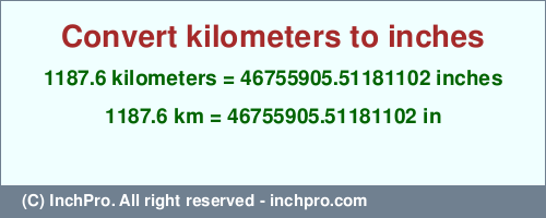 Result converting 1187.6 kilometers to inches = 46755905.51181102 inches