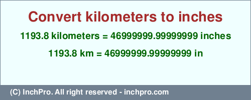 Result converting 1193.8 kilometers to inches = 46999999.99999999 inches