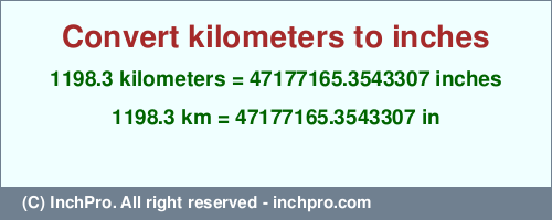 Result converting 1198.3 kilometers to inches = 47177165.3543307 inches