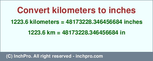 Result converting 1223.6 kilometers to inches = 48173228.346456684 inches