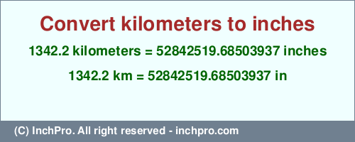 Result converting 1342.2 kilometers to inches = 52842519.68503937 inches