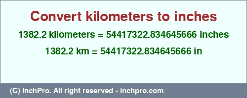 1382.2 kilometers to inches is equal to 54417322.834645666 (in) Result converting 1382.2 kilometers to inches = 54417322.834645666 inches