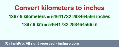 1387.9 kilometers to inches is equal to 54641732.283464566 (in) Result converting 1387.9 kilometers to inches = 54641732.283464566 inches