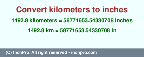 1492.8 kilometers to inches is equal to 58771653.54330708 (in) Result converting 1492.8 kilometers to inches = 58771653.54330708 inches