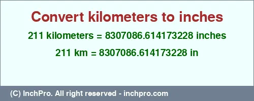 211 kilometers to inches is equal to 8307086.614173228 (in) Result converting 211 kilometers to inches = 8307086.614173228 inches