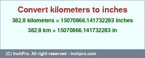 382.8 kilometers to inches is equal to 15070866.141732283 (in) Result converting 382.8 kilometers to inches = 15070866.141732283 inches