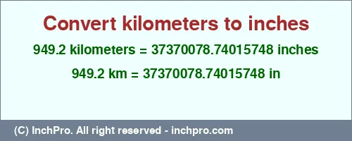 949.2 kilometers to inches is equal to 37370078.74015748 (in) Result converting 949.2 kilometers to inches = 37370078.74015748 inches