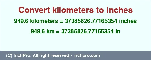 949.6 kilometers to inches is equal to 37385826.77165354 (in) Result converting 949.6 kilometers to inches = 37385826.77165354 inches