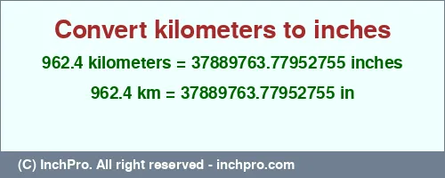 Result converting 962.4 kilometers to inches = 37889763.77952755 inches