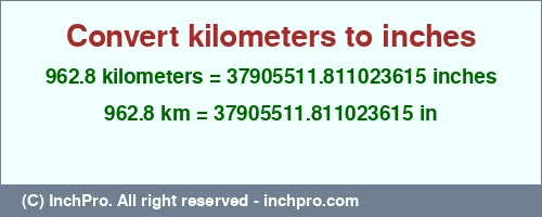 Result converting 962.8 kilometers to inches = 37905511.811023615 inches