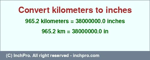 Result converting 965.2 kilometers to inches = 38000000.0 inches
