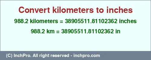 988.2 kilometers to inches is equal to 38905511.81102362 (in) Result converting 988.2 kilometers to inches = 38905511.81102362 inches