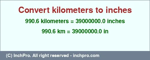 990.6 kilometers to inches is equal to 39000000.0 (in) Result converting 990.6 kilometers to inches = 39000000.0 inches