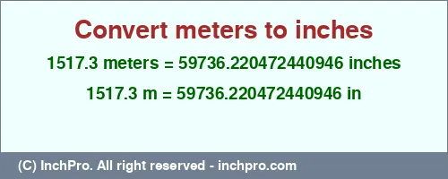 1517.3 meters to inches is equal to 59736.220472440946 (in) Result converting 1517.3 meters to inches = 59736.220472440946 inches