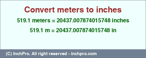 519.1 meters to inches is equal to 20437.007874015748 (in) Result converting 519.1 meters to inches = 20437.007874015748 inches