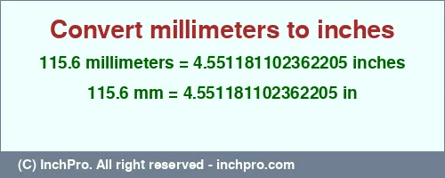 115.6 millimeters to inches is equal to 4.551181102362205 (in) Result converting 115.6 millimeters to inches = 4.551181102362205 inches