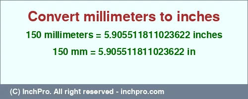 150 millimeters to inches is equal to 5.905511811023622 (in) Result converting 150 millimeters to inches = 5.905511811023622 inches