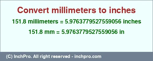 151.8 millimeters to inches is equal to 5.9763779527559056 (in) Result converting 151.8 millimeters to inches = 5.9763779527559056 inches
