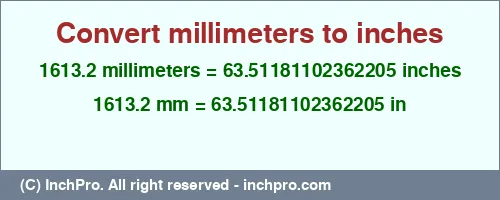 1613.2 millimeters to inches is equal to 63.51181102362205 (in) Result converting 1613.2 millimeters to inches = 63.51181102362205 inches