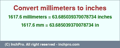 1617.6 millimeters to inches is equal to 63.685039370078734 (in) Result converting 1617.6 millimeters to inches = 63.685039370078734 inches