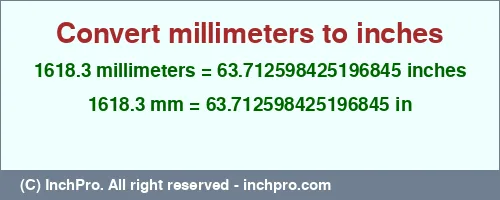 1618.3 millimeters to inches is equal to 63.712598425196845 (in) Result converting 1618.3 millimeters to inches = 63.712598425196845 inches