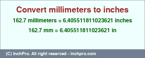 162.7 millimeters to inches is equal to 6.405511811023621 (in) Result converting 162.7 millimeters to inches = 6.405511811023621 inches