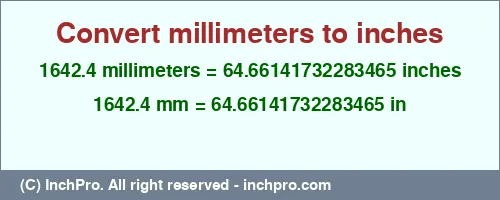 1642.4 millimeters to inches is equal to 64.66141732283465 (in) Result converting 1642.4 millimeters to inches = 64.66141732283465 inches