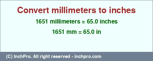 1651 millimeters to inches is equal to 65.0 (in) Result converting 1651 millimeters to inches = 65.0 inches