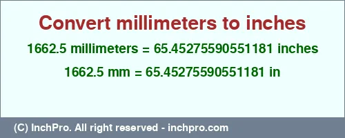 1662.5 millimeters to inches is equal to 65.45275590551181 (in) Result converting 1662.5 millimeters to inches = 65.45275590551181 inches