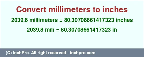 Result converting 2039.8 millimeters to inches = 80.30708661417323 inches