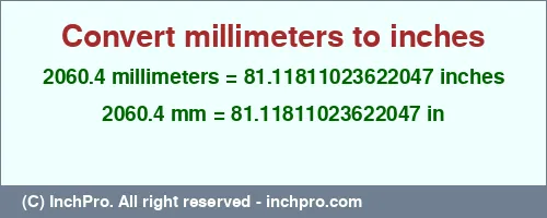 2060.4 millimeters to inches is equal to 81.11811023622047 (in) Result converting 2060.4 millimeters to inches = 81.11811023622047 inches