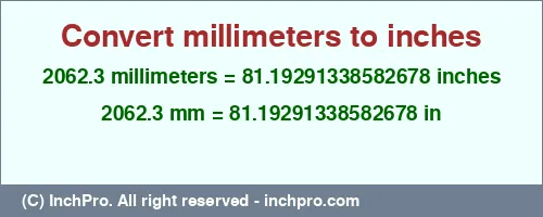 2062.3 millimeters to inches is equal to 81.19291338582678 (in) Result converting 2062.3 millimeters to inches = 81.19291338582678 inches