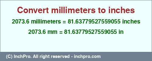 Result converting 2073.6 millimeters to inches = 81.63779527559055 inches