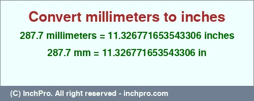 287.7 millimeters to inches is equal to 11.326771653543306 (in) Result converting 287.7 millimeters to inches = 11.326771653543306 inches